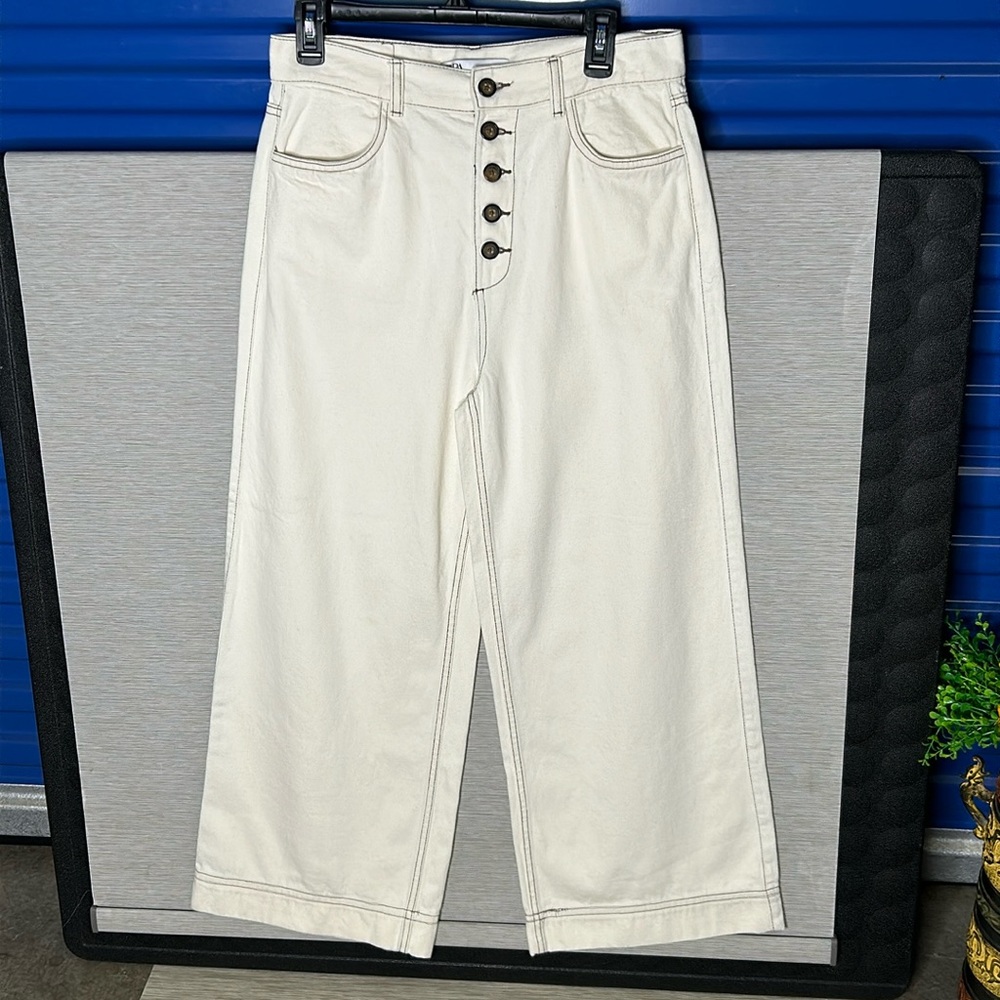 Zara High Rise Wide Leg Front Button Fly White/Cream Size 6
